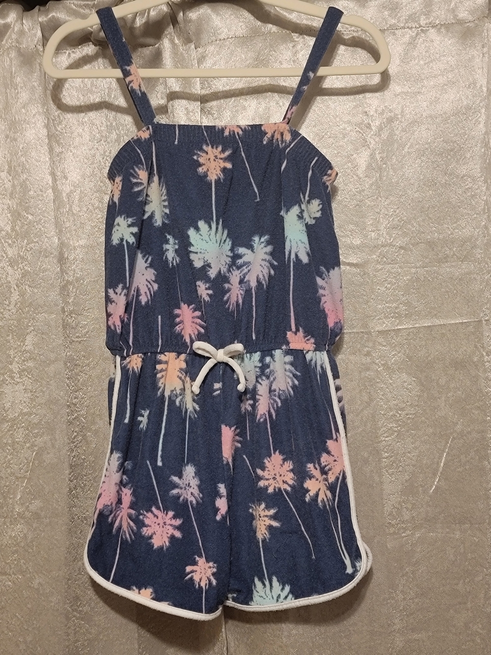 SO Blue Palm-Print Terry Romper with Pastel Accents